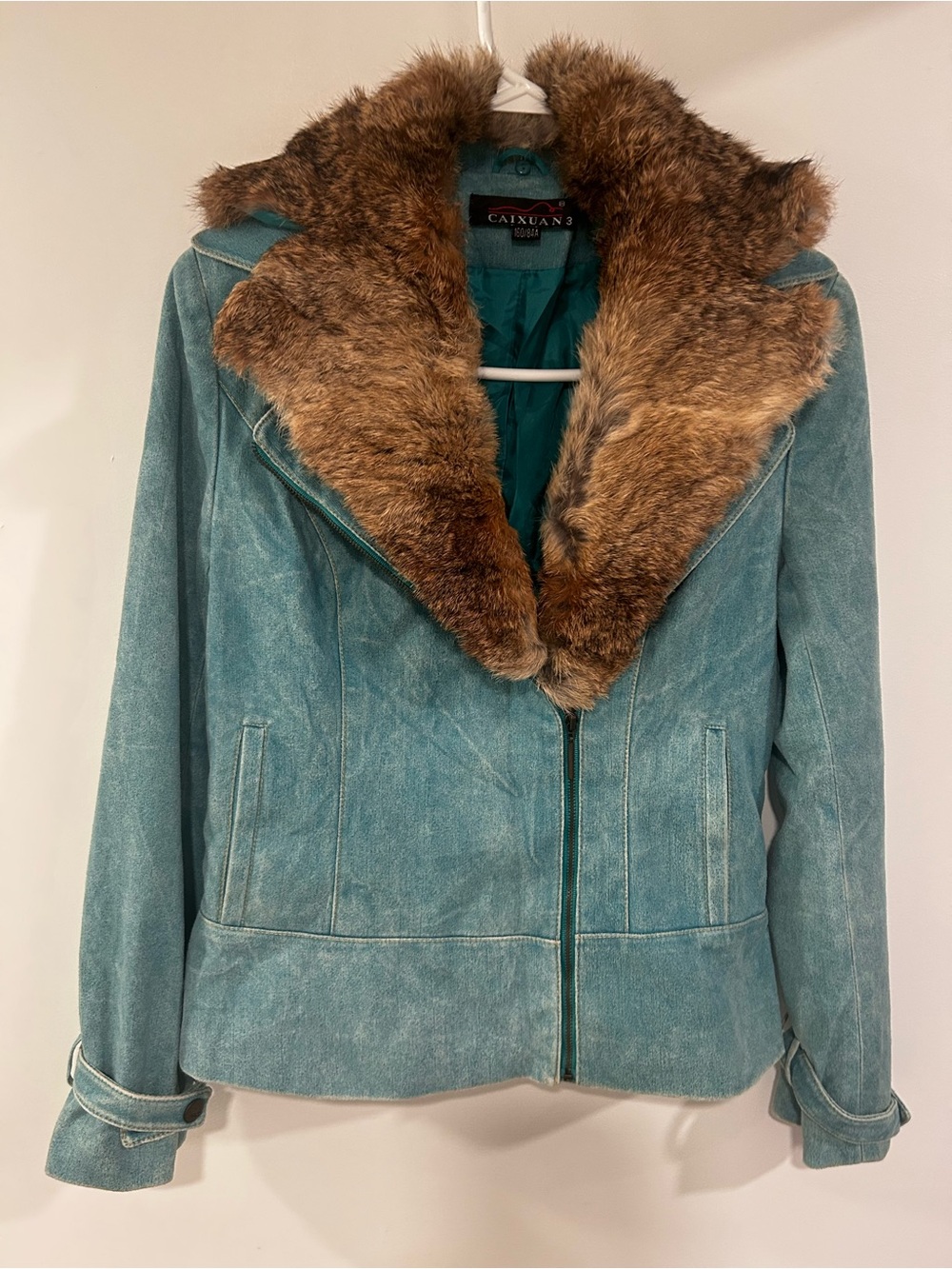 Y2K Mint Teal Suede Jacket Real Fur Collar Turquoise Asymmetrical Zipper